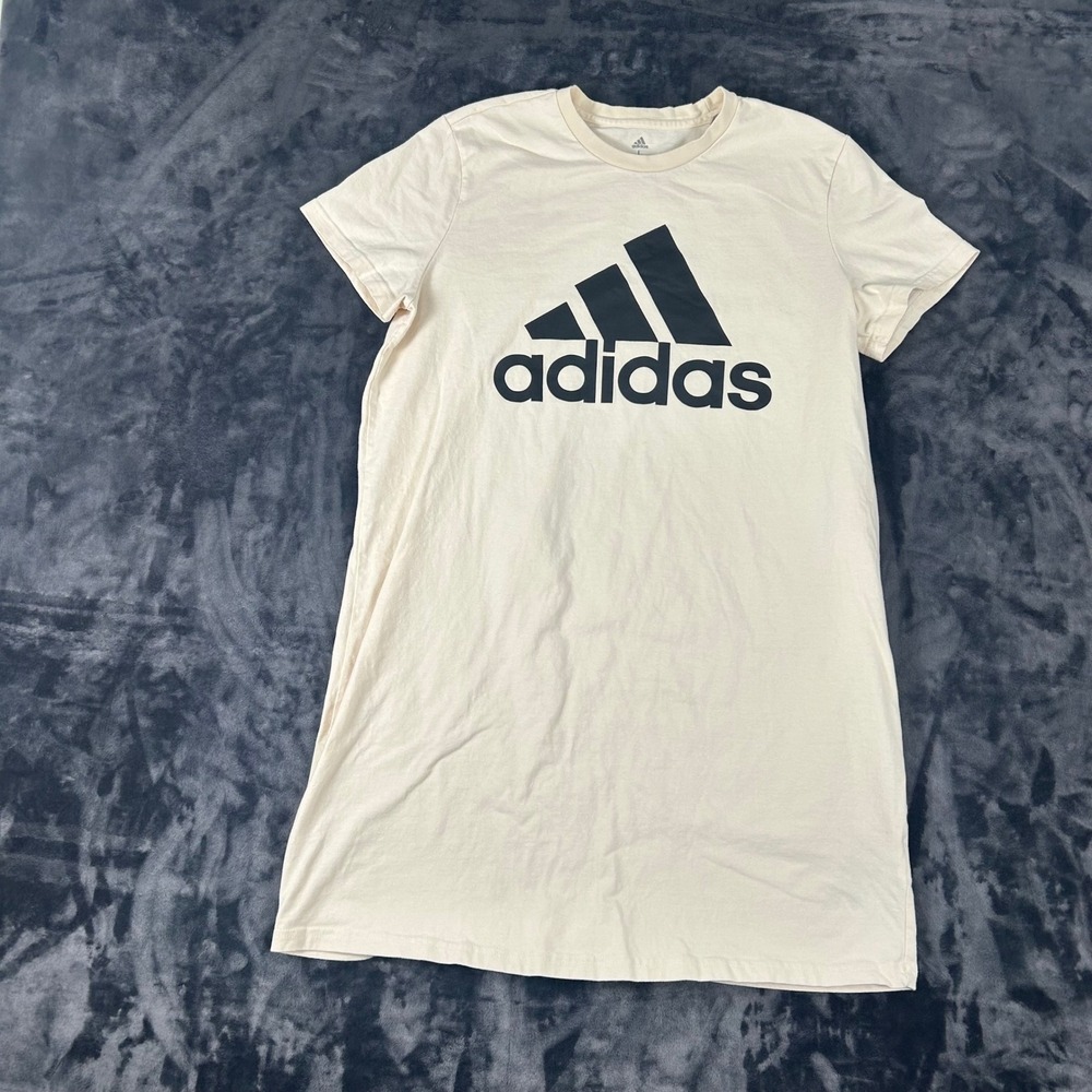 Adidas T-Shirt Dress Womens Large Cream Black Logo Short Sleeve Cotton